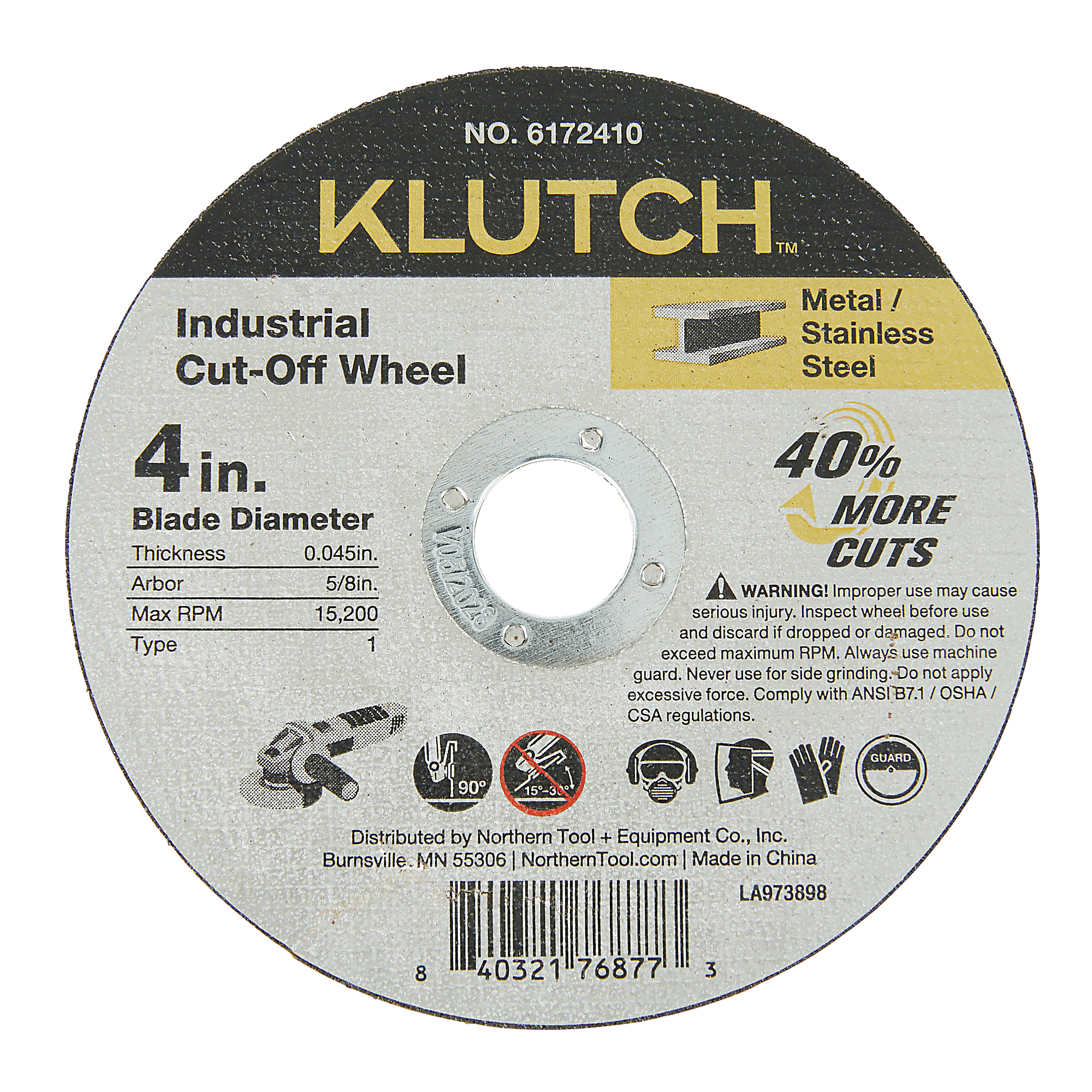 Klutch Industrial Metal Cutoff Wheel, 4in. x 0.045in. x 5/8in., Type 1